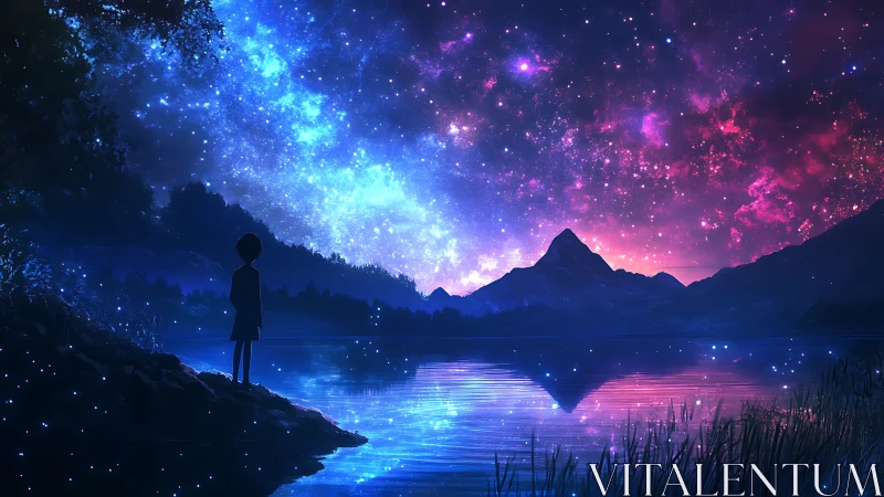 Silhouetted child gazes across a neon starlit mountain lake
