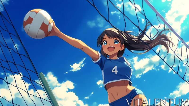 Anime volleyball player reaching over net in blue sky scene.