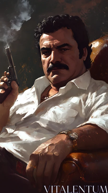 Oil portrait of seated man with gun and cinematic chiaroscuro.