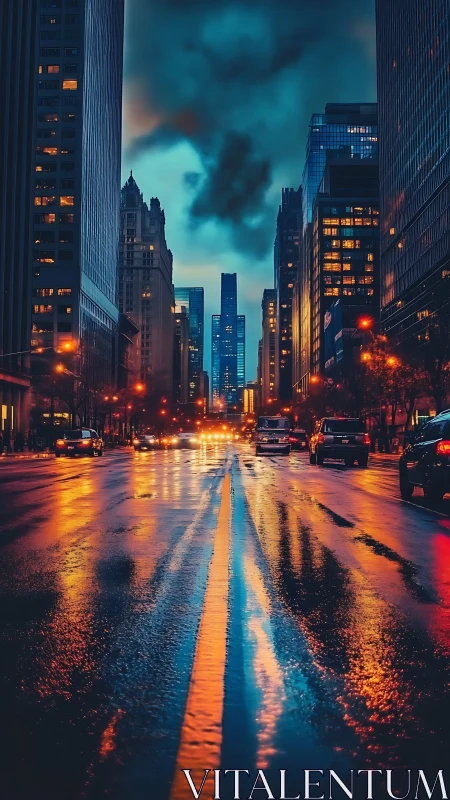 Rain slicked city avenue reflects neon dusk skyline