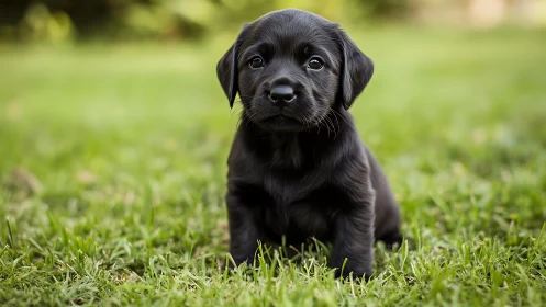 Black labrador puppy on grass in soft natural light.