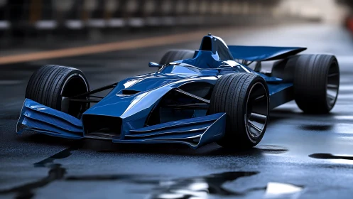 Blue single-seat race car model sits on wet asphalt track