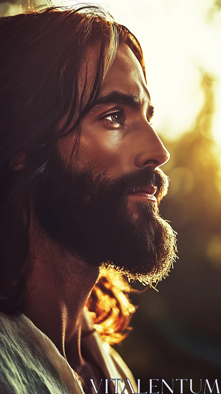 Bearded man in profile stands in warm backlit sunlight outdoors