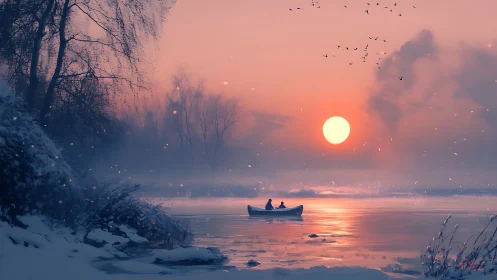 Winter river rowboat silhouettes under a luminous pastel sunset
