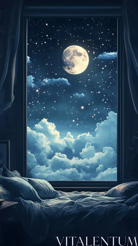 Moonlit bedroom window framing dreamy night sky vista.