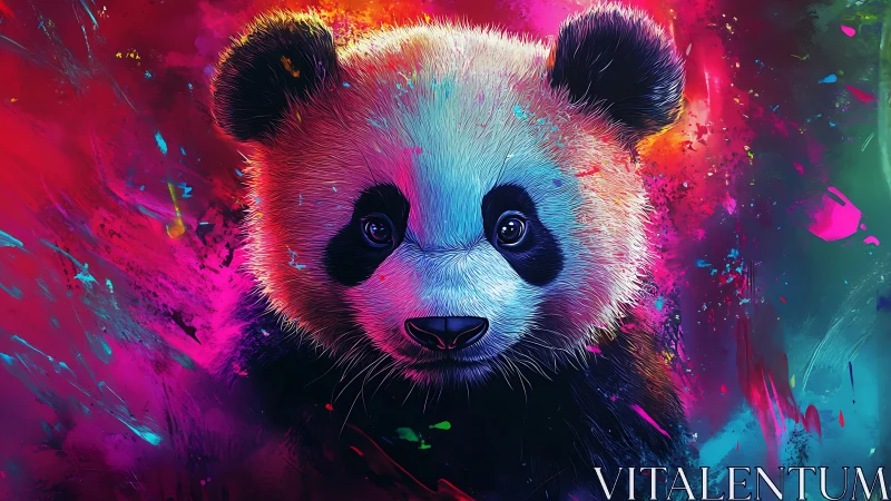 Panda portrait with multicolored abstract digital backdrop.