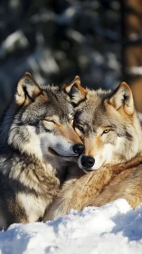 Two gray wolves nuzzle in tight winter portrait under hard sunlight