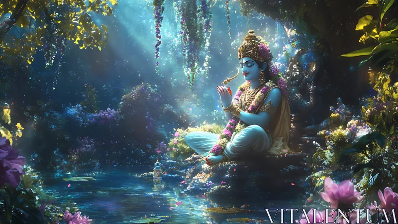 Luminescent deity beside lotus pool in spectral forest ambiance.