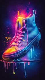 Neon high top sneaker in dripping liquid paint glow.