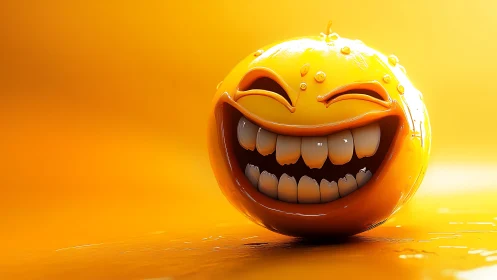 High-gloss 3D smiling emoji sphere with specular liquid droplets