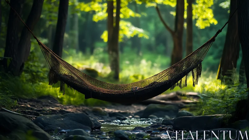 Hammock Suspended Over Forest Stream. Tranquil Woodland Retreat.
