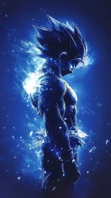 Energetic anime warrior rendered in high-contrast blue aura field