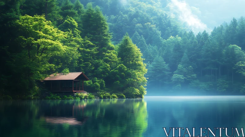Lakeside wooden cabin reflects in calm, misty forest water
