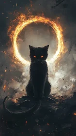 Mystic black cat sits calmly within a blazing fiery halo