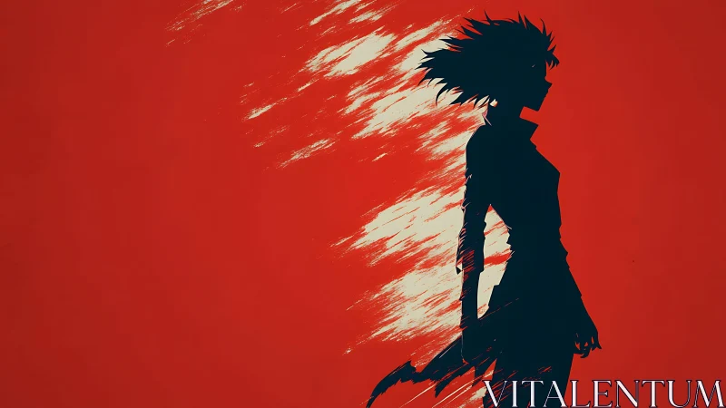 Silhouetted warrior against red abstract energy field.