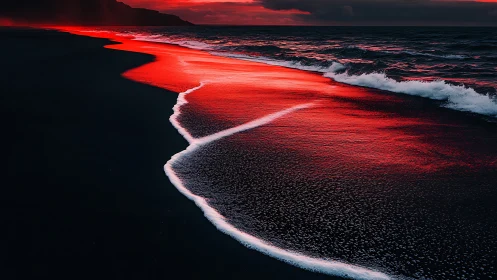 Digital seascape with red-reflective surf on black shoreline.