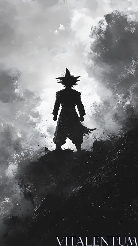 Storm-born warrior silhouette stares down a restless sky