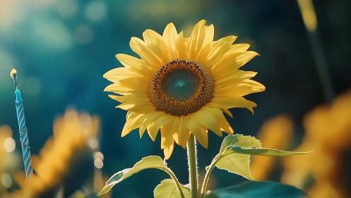 Golden Sentinel: Sunflower's Bold Gaze Into Turquoise Reverie.