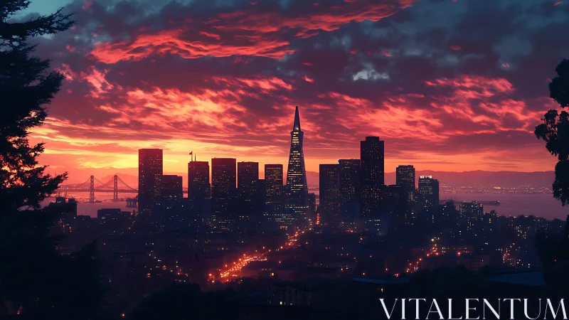 Urban skyline silhouette under red-orange sunset clouds.