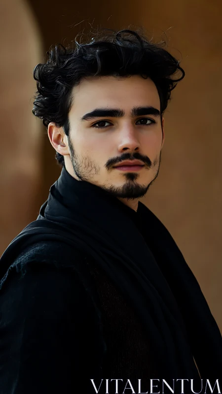 Thoughtful young man gazes calmly against warm backdrop