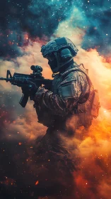 Futuristic tactical soldier in nebula smoke with rifle profile.