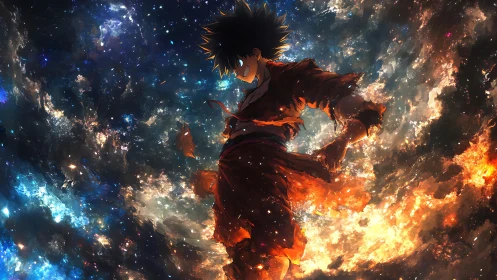 Cosmic hero rises in glowing starlight and swirling fire.