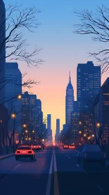 Sunset city avenue with glowing traffic and high-rise silhouettes.
