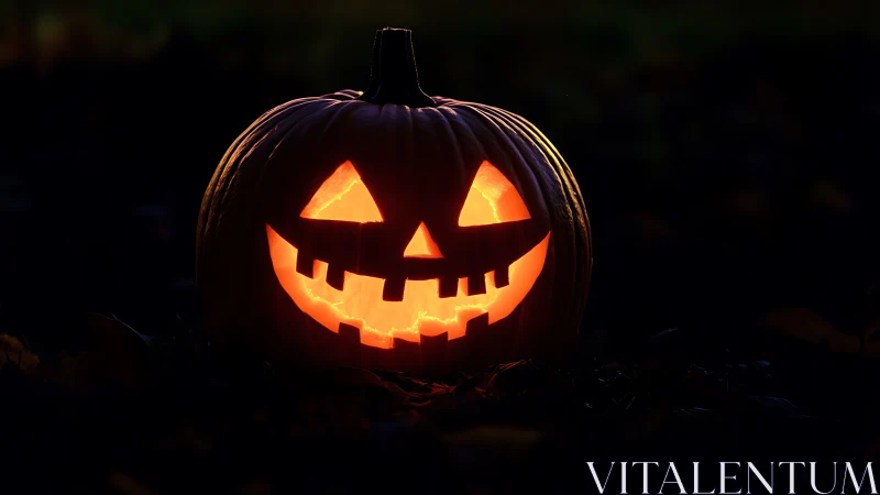Glowing carved jack o lantern illuminates dark autumn night