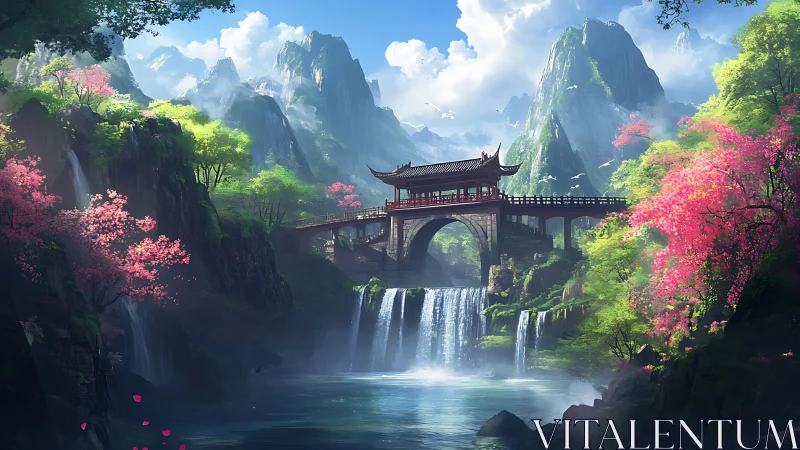 Mountain river bridge over tiered waterfalls in spring bloom