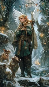 Snowy forest guardian elf with wings and loyal fox guides.