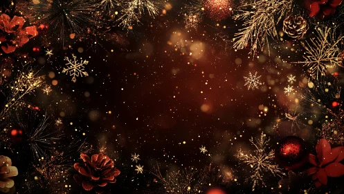 Luminous bokeh wreath with gold snowflakes and pinecones.