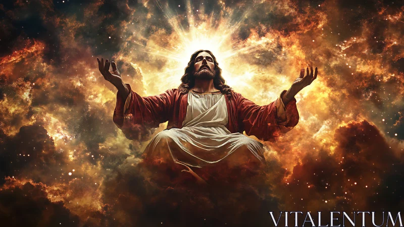 Radiant robed figure rises in glowing cosmic clouds of light