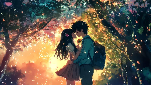 Twilight blossoms crown shy first kiss beneath painted trees.