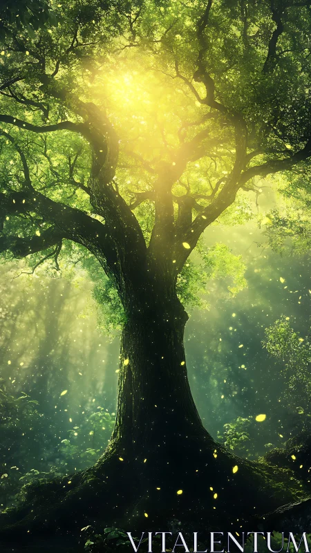 Luminous forest tree under golden mystical canopy glow.