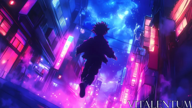 Neon skywalker drifts through a midnight cyber alleyway.