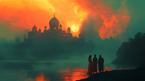 Silhouetted figures observe distant domed palace at fiery sunset