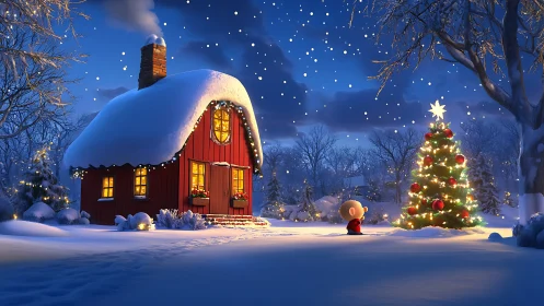 Snowy cottage glows softly beside a child’s Christmas tree