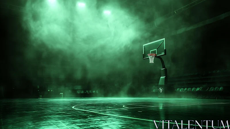 Indoor basketball court shows single hoop in green fog