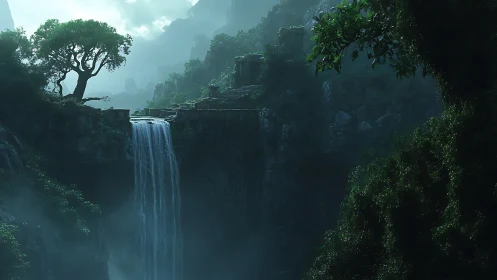 Misty Canyon Waterfall Cascades Through Ancient Jungle