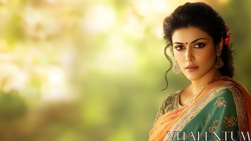 Elegant woman in saree bathed in soft golden garden light.