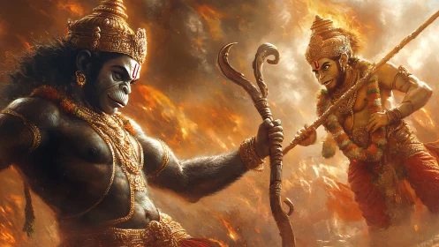 Mythic simian warriors clash in blazing celestial storm.