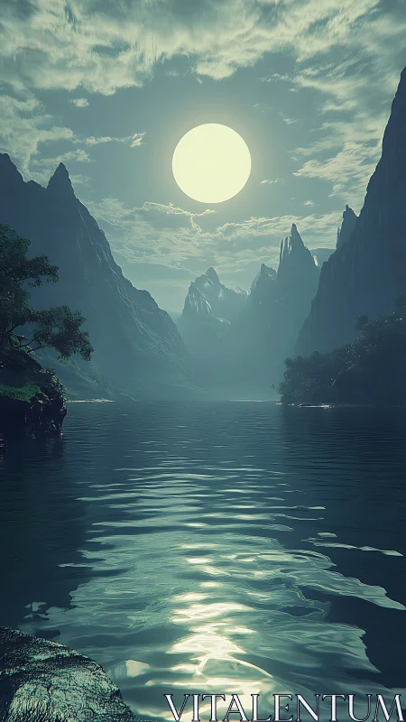 Lunar-lit alpine fjord with rippling water and jagged peaks