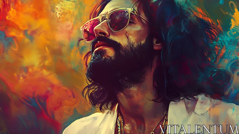 Bohemian bearded portrait in vivid abstract color field.