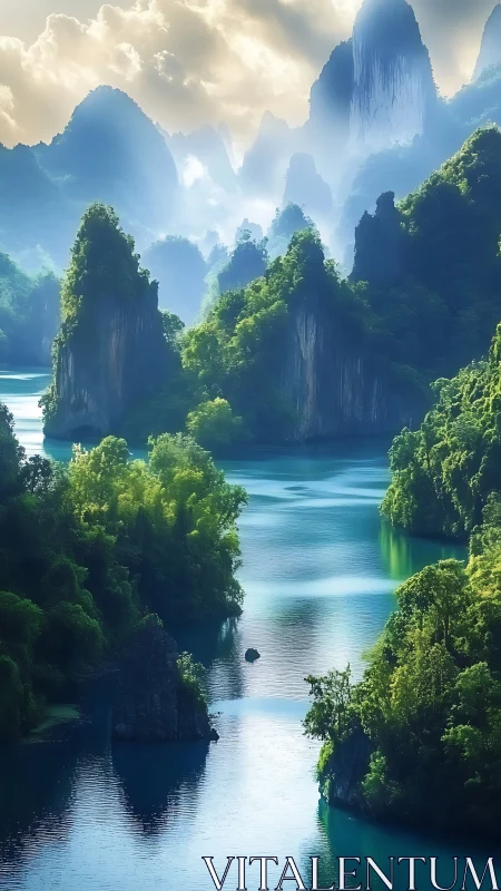 Misty karst peaks rise above tranquil emerald river waters.