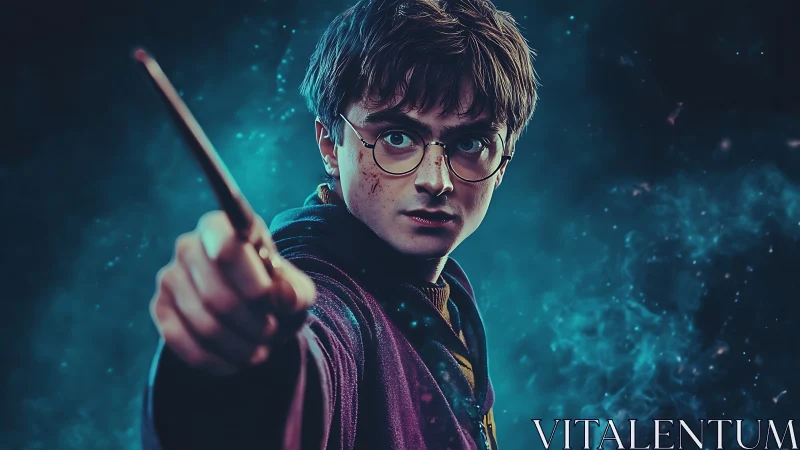 Young wizard raises wand toward viewer amid swirling magic