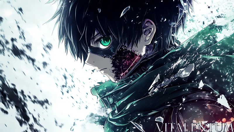 Anime profile portrait with fractured cloak and energy shards.