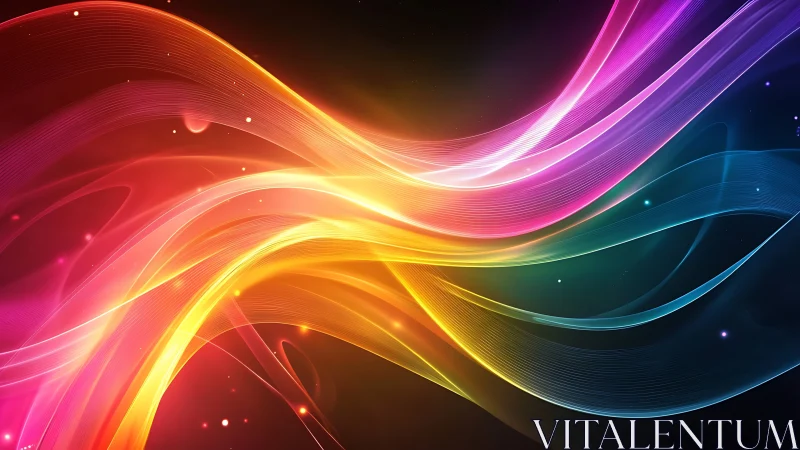 Curved multicolor light ribbons intersect across dark background