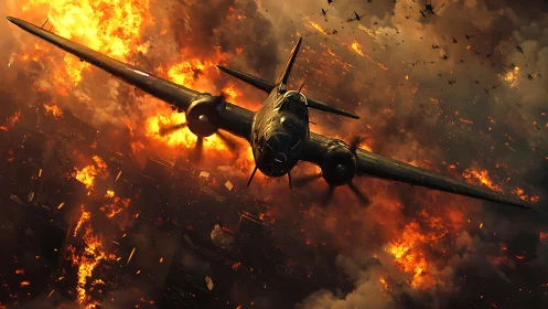 Military aircraft flying through massive fire and explosions.