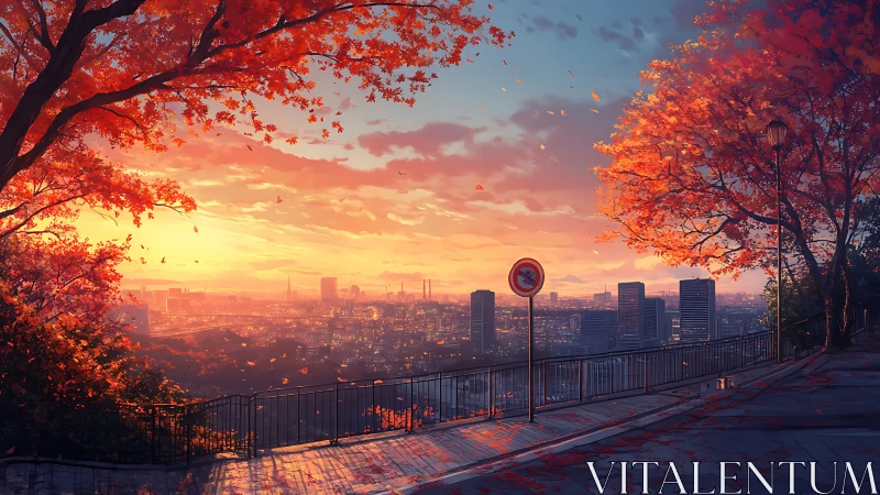 Autumn overlook above glowing city skyline at sunset.