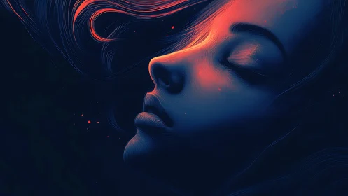 Dreamlit face resting in gentle waves of electric light.